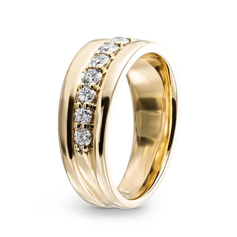 Shown in 14k Yellow Gold|Modern diamond accented fashion ring with round cut lab grown diamonds in 14k yellow gold shown from side