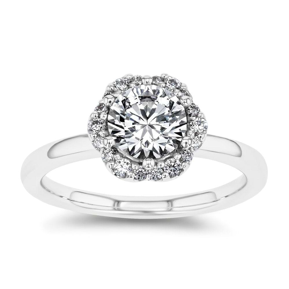 Shown here with a 1.0ct Round Cut Lab Grown Diamond center stone in 14K White Gold