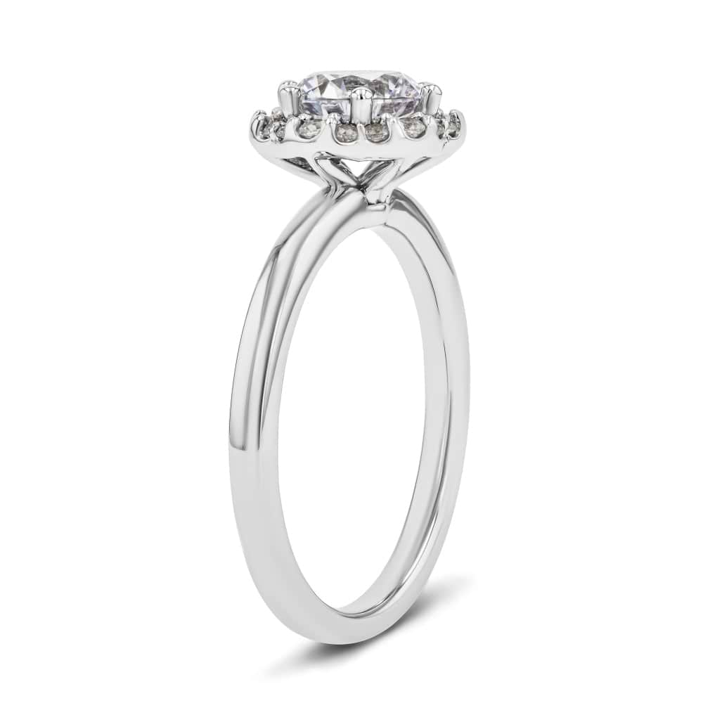 Shown here with a 1.0ct Round Cut Lab Grown Diamond center stone in 14K White Gold