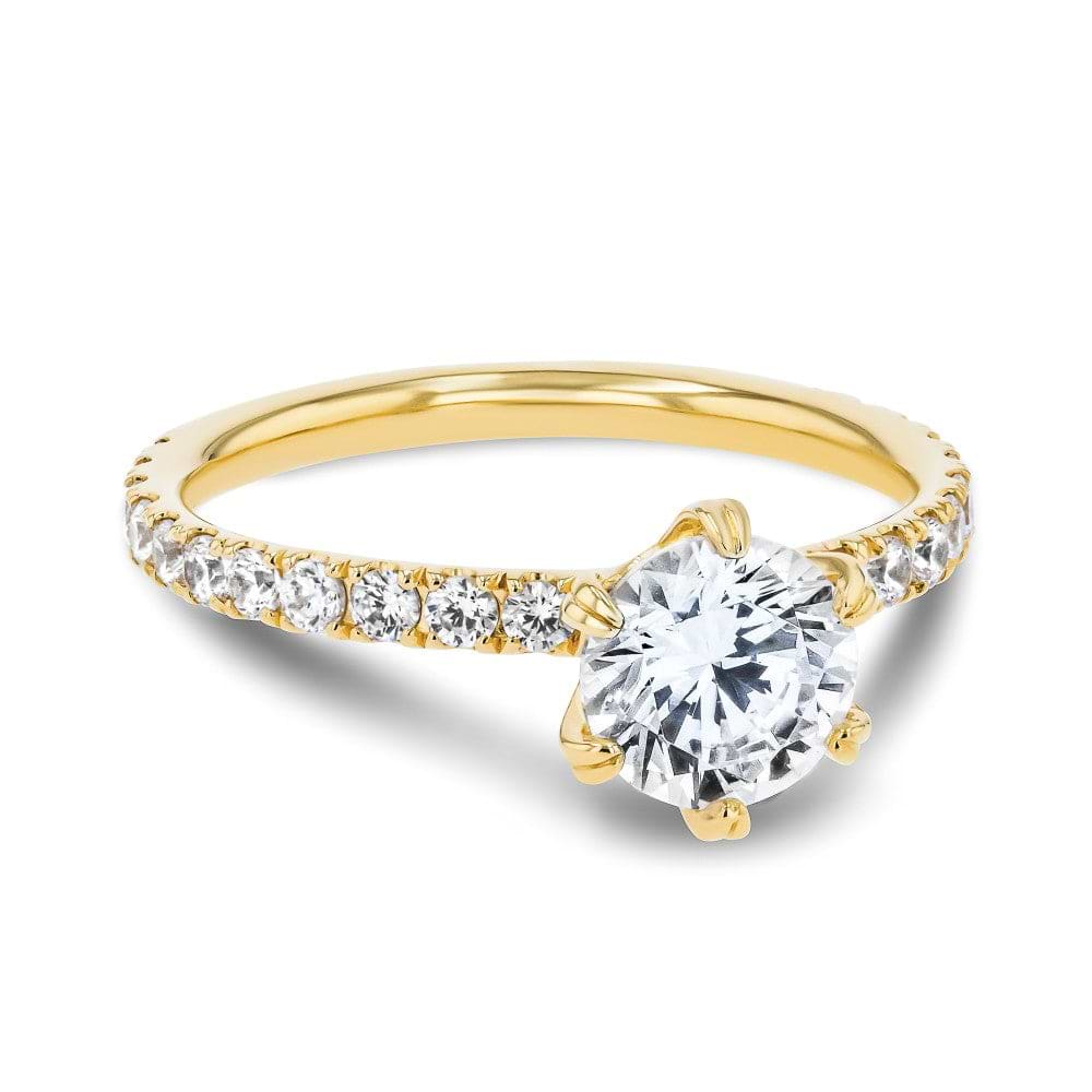 Shown here with a 1.0ct Round Cut Lab Grown Diamond center stone in 14K Yellow Gold