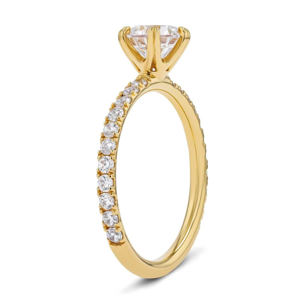 Shown here with a 1.0ct Round Cut Lab Grown Diamond center stone in 14K Yellow Gold