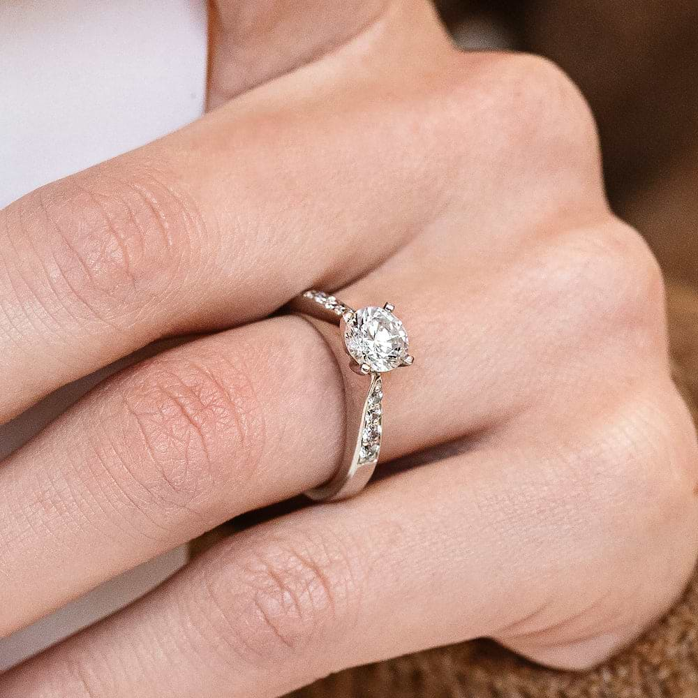 Shown with 1ct Round Cut Lab Grown Diamond in 14k White Gold