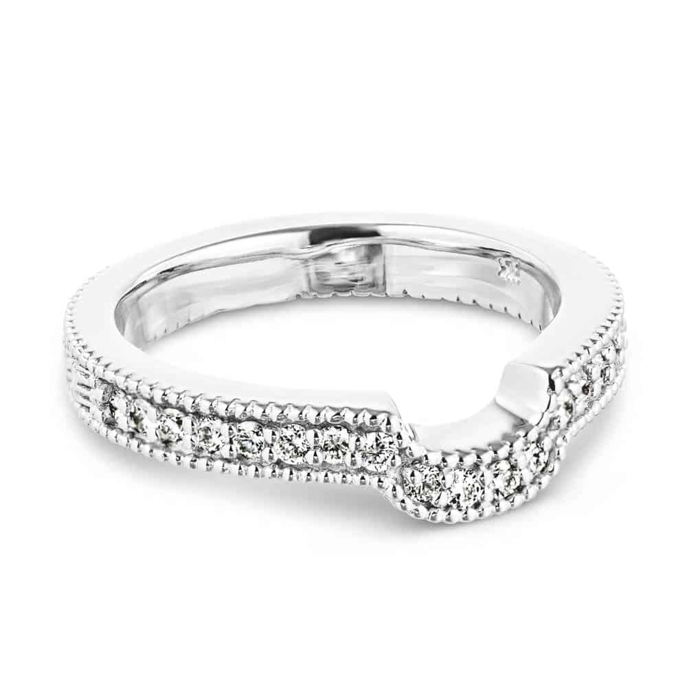 Curved diamond accented filigree detailed wedding band in recycled 14K white gold to match the Honey Engagement ring | Curved diamond accented filigree detailed wedding band in recycled 14K white gold to match the Honey Engagement ring