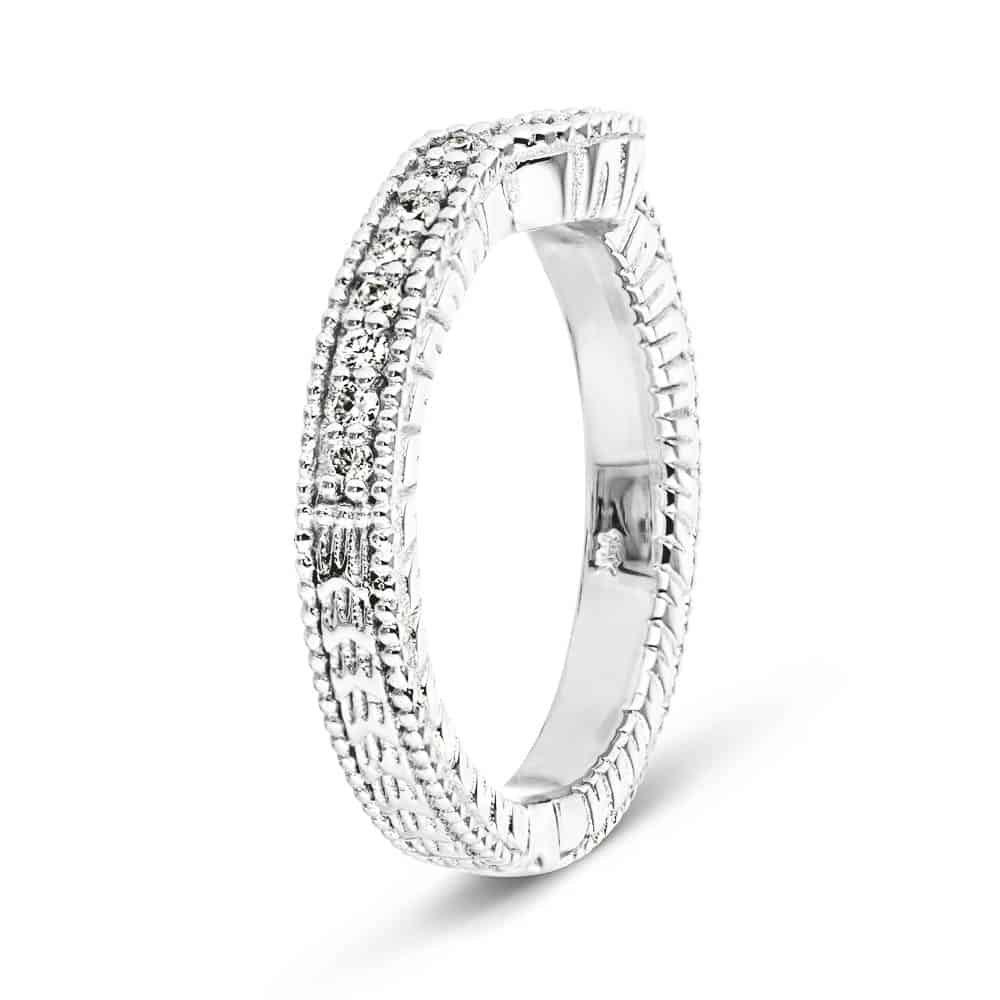 Curved diamond accented filigree detailed wedding band in recycled 14K white gold to match the Honey Engagement ring | Curved diamond accented filigree detailed wedding band in recycled 14K white gold to match the Honey Engagement ring
