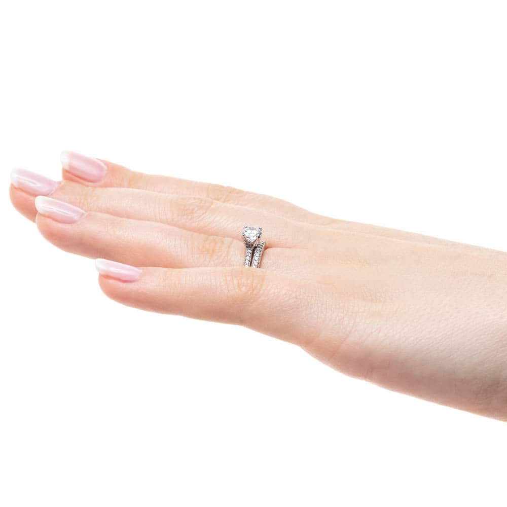 Shown with a 1.0ct Round cut Lab-Grown Diamond with a diamond accented band in recycled 14K white gold with matching wedding band | wedding set Shown with a 1.0ct Round cut Lab-Grown Diamond with a diamond accented band in recycled 14K white gold with matching wedding band