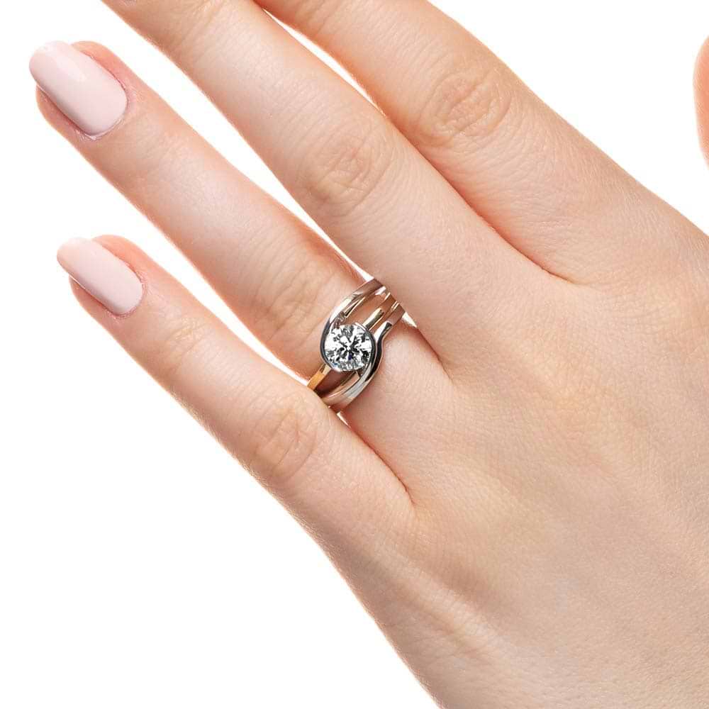 Shown with a 1.45ct Round cut lab-grown diamond in recycled 14K white gold with matching wedding band | two-tone wedding set shown with a 1.45ct Round cut Lab-Grown Diamond in recycled 14K white gold with matching wedding band