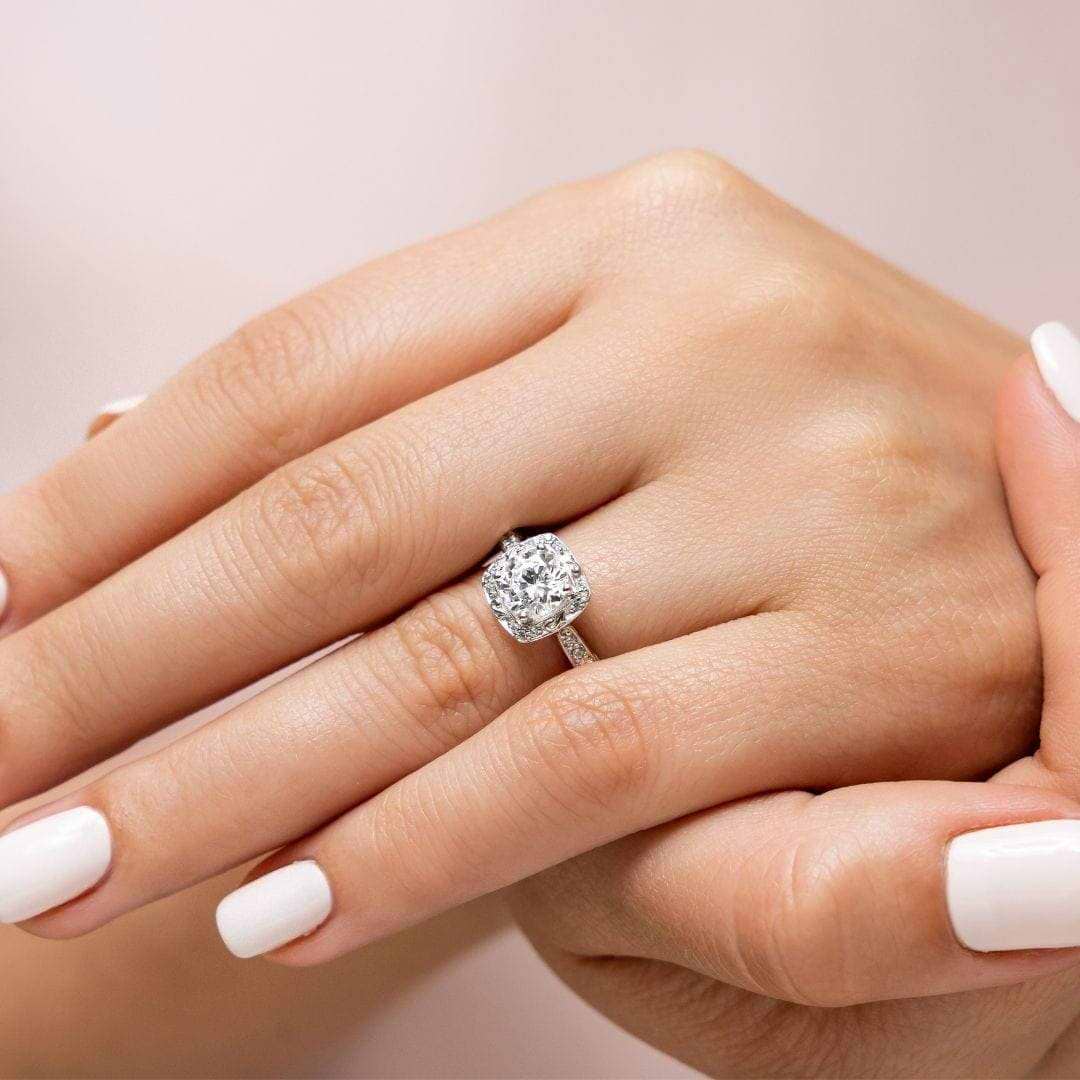 Shown with 1ct Round Cut Lab Grown Diamond in 14k White Gold|Ethical vintage style diamond accented engagement ring with 1ct round cut lab diamond in filgree detailed 14k white gold band