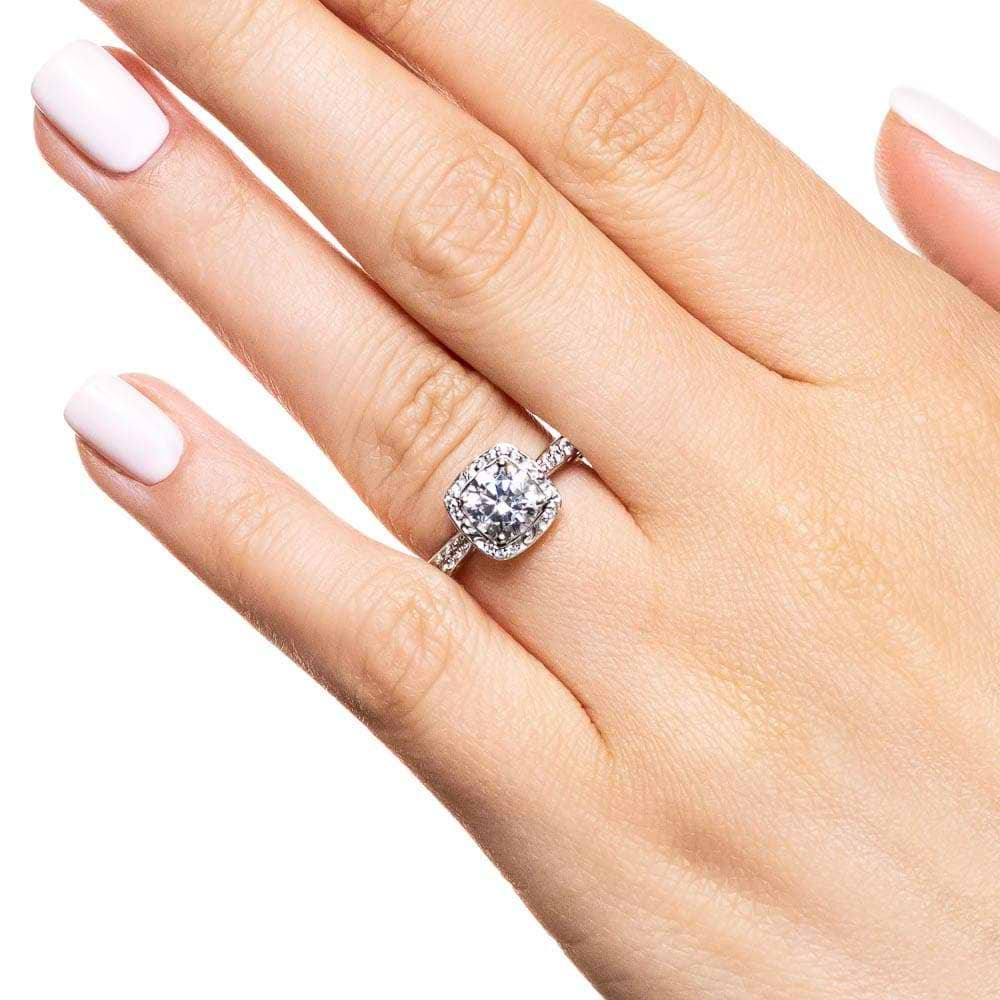 Shown with 1ct Round Cut Lab Grown Diamond in 14k White Gold|Antique filgree detailed ring with lab created diamond set in 14k white gold worn on hand
