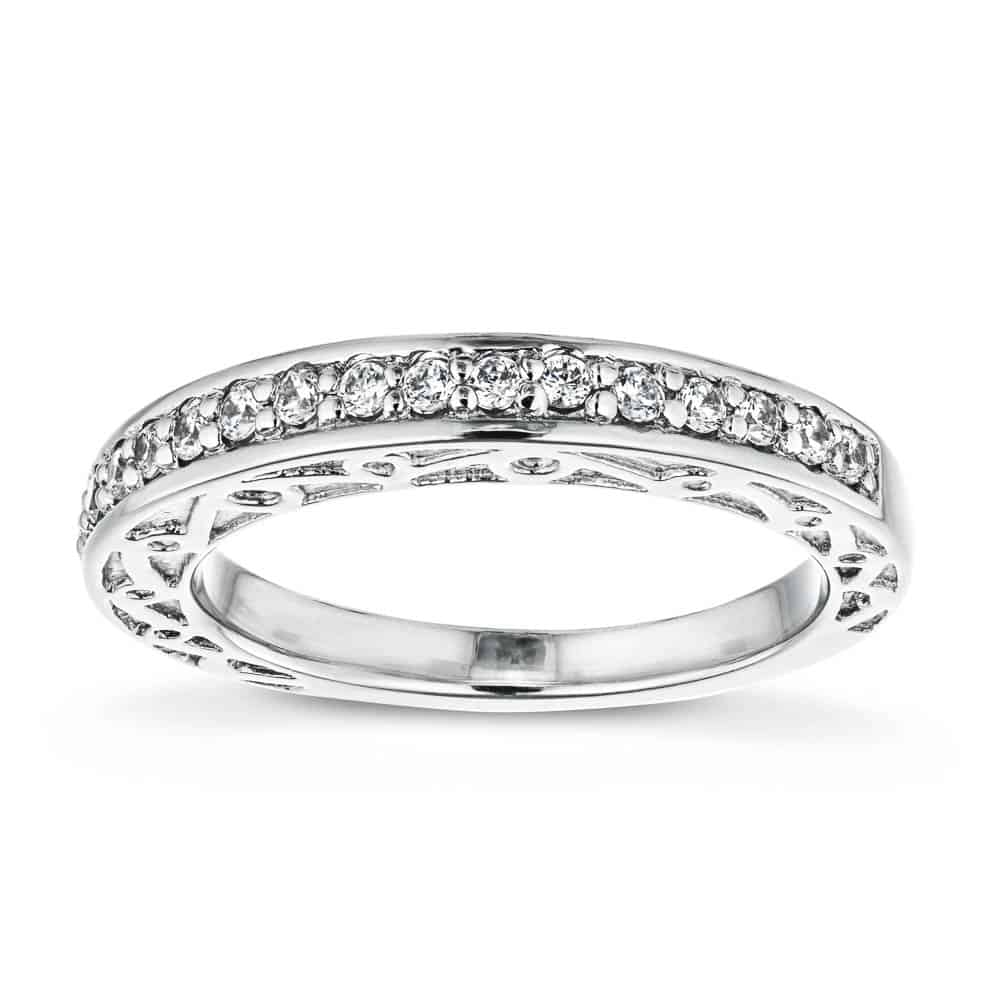 Julie Accented Wedding band with scroll detail and recycled diamonds in recycled 14K white gold 