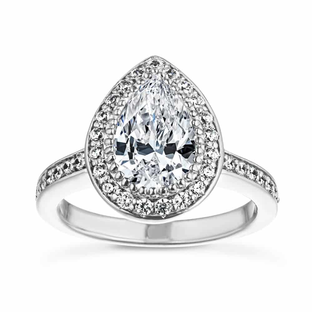 Shown with 1ct Pear Cut Lab Grown Diamond in 14k White Gold