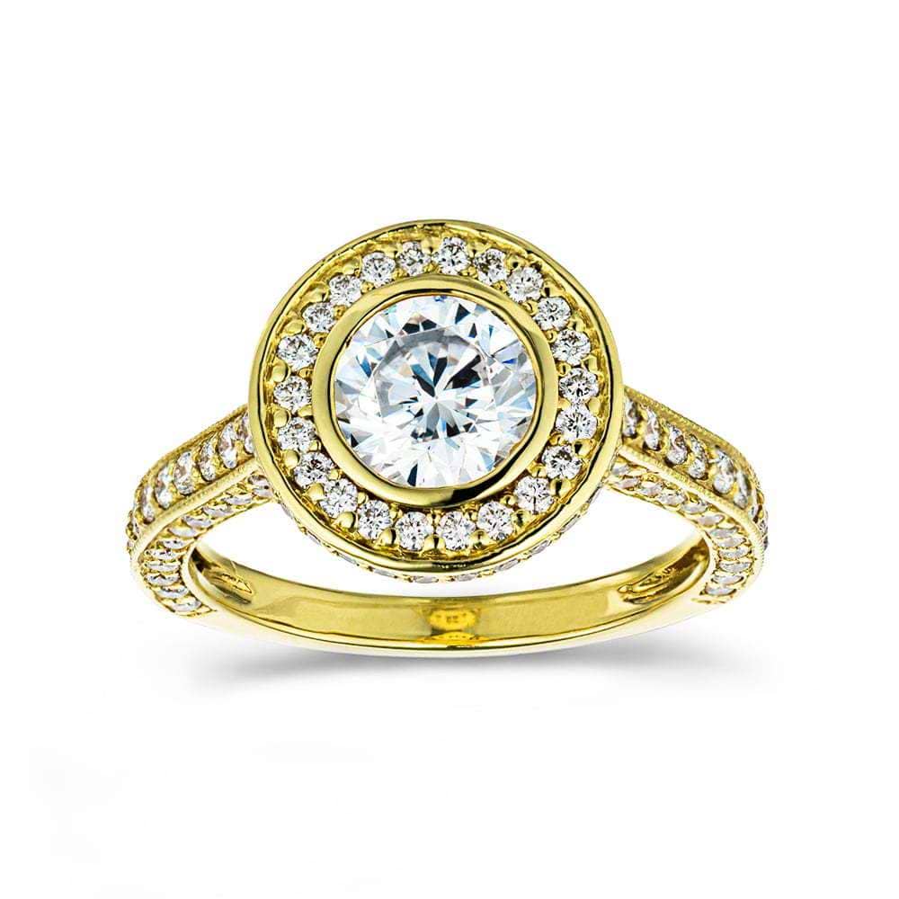 Launa Accented Engagement Ring shown with 1.25ct round cut Diamond Hybrid in 18K yellow gold | diamond hybrid accented engagement ring