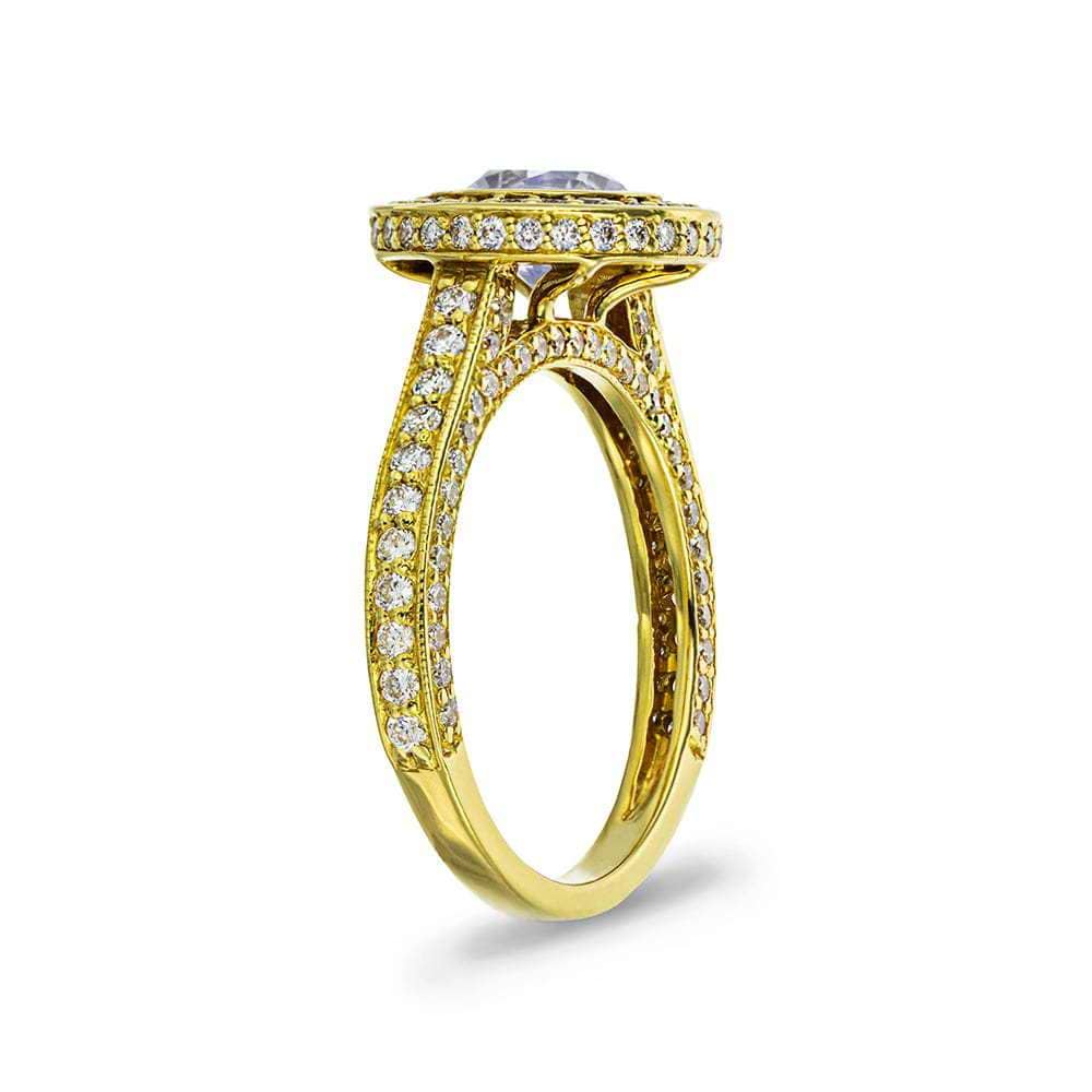 Launa Accented Engagement Ring shown with 1.25ct round cut Diamond Hybrid in 18K yellow gold | diamond hybrid accented engagement ring