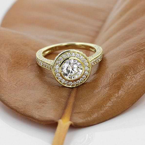 Launa Accented Engagement Ring shown with 1.25ct round cut Diamond Hybrid in 18K yellow gold | diamond hybrid accented engagement ring