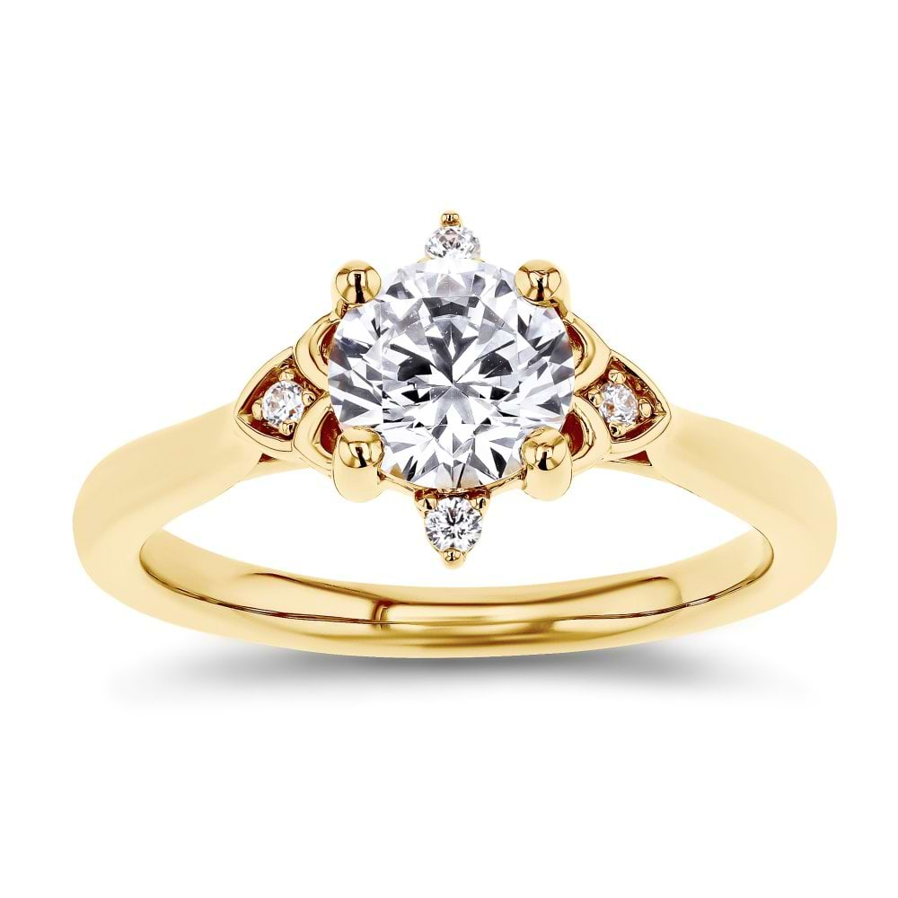 Shown here with a 1.0ct Round Cut Lab Grown Diamond center stone in 14K Yellow Gold