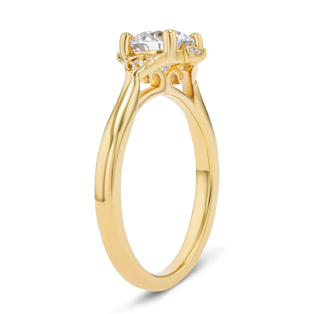 Shown here with a 1.0ct Round Cut Lab Grown Diamond center stone in 14K Yellow Gold