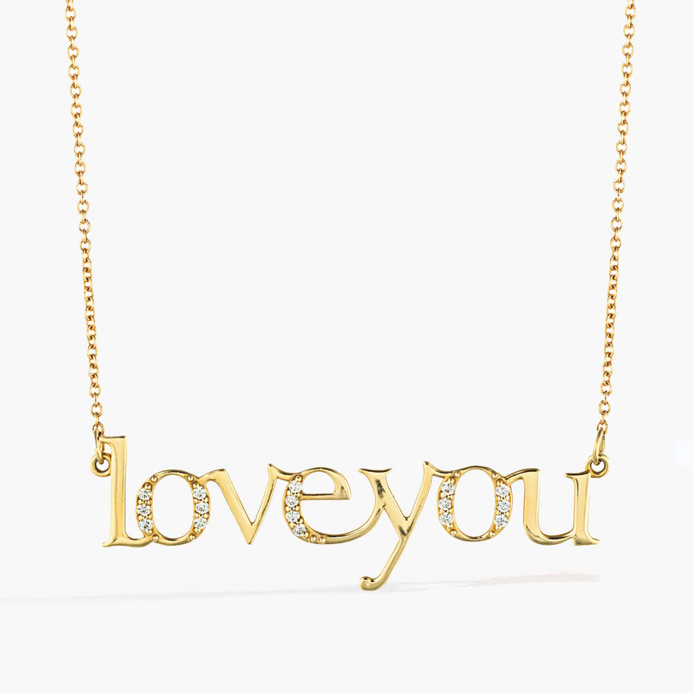 Diamond Accented Love You Necklace in 14K yellow gold | recycled diamonds love you necklace pendant gold