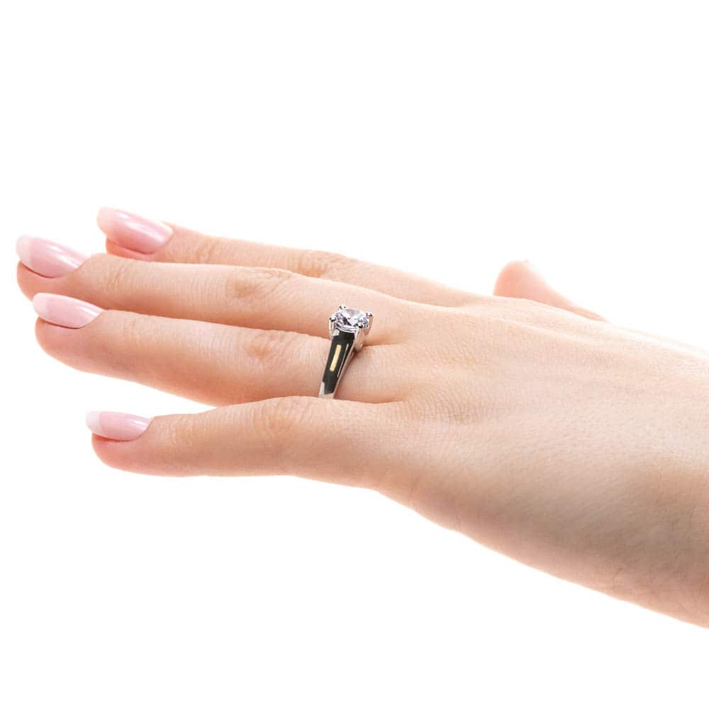 Shown with 1ct Round Cut Lab Grown Diamond in 14k White Gold|Simple trellis style solitaire engagement ring with 1ct round cut lab grown diamond in 14k white gold worn on hand sideview