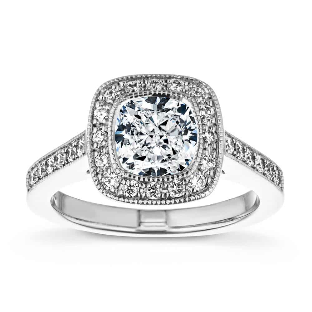 Shown with 1.5ct Cushion Cut Lab Grown Diamond in 14k White Gold