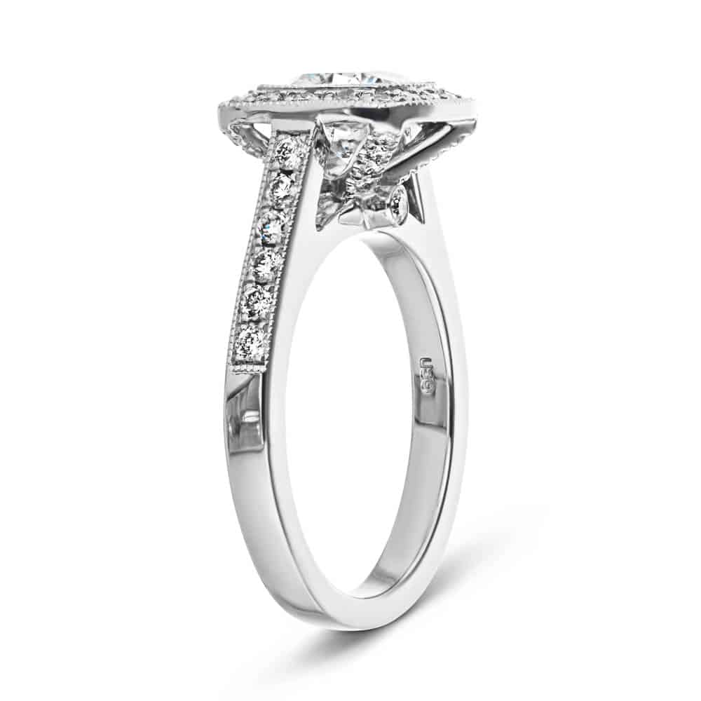 Shown with 1.5ct Cushion Cut Lab Grown Diamond in 14k White Gold