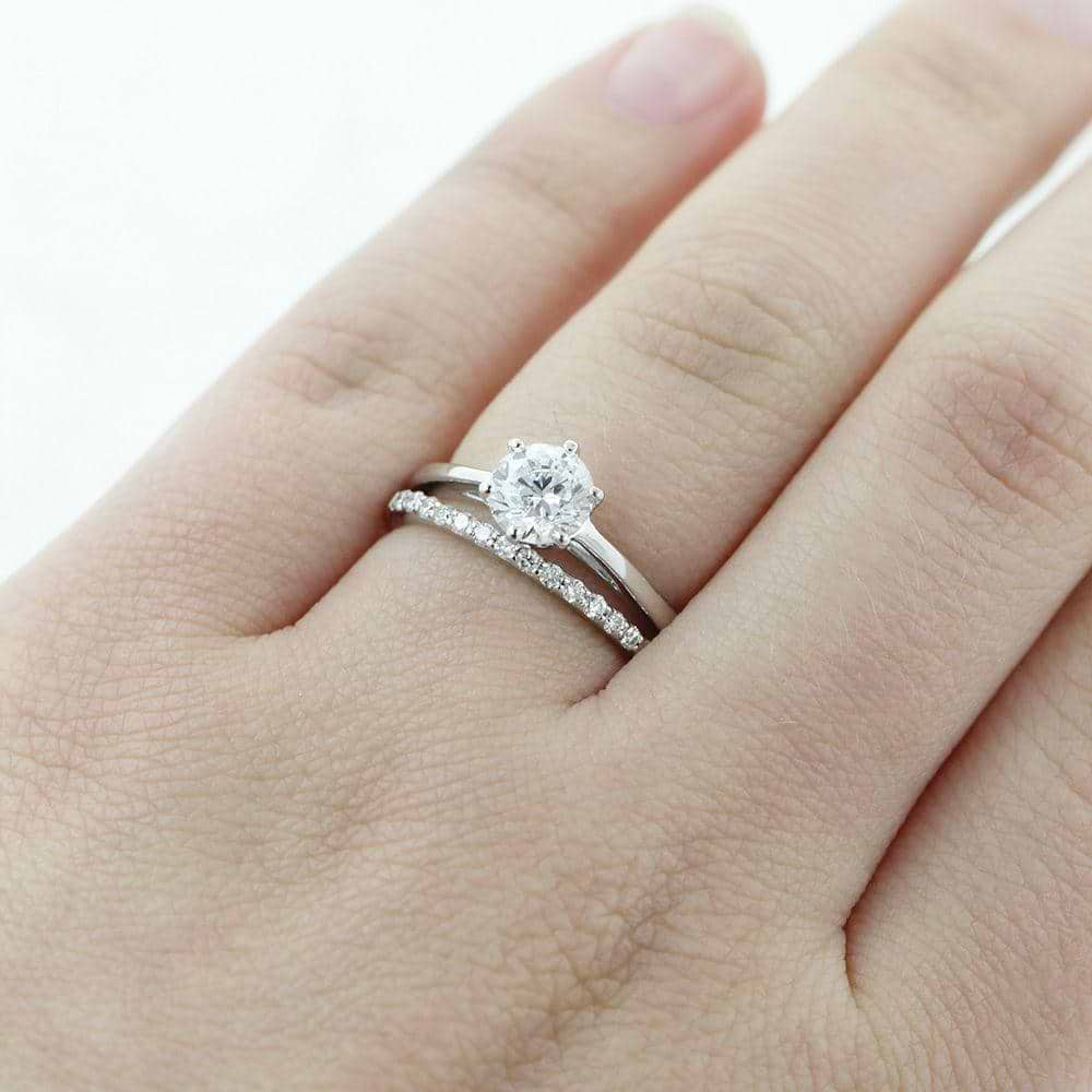 Shown with 1ct Round Cut Lab Grown Diamond in 14k White Gold