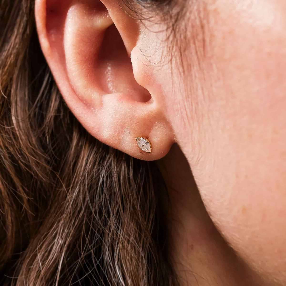 Shown in 14k Yellow Gold|Marquise Bezel Set Lab Grown Diamond Stud Earrings in 14k Yellow Gold