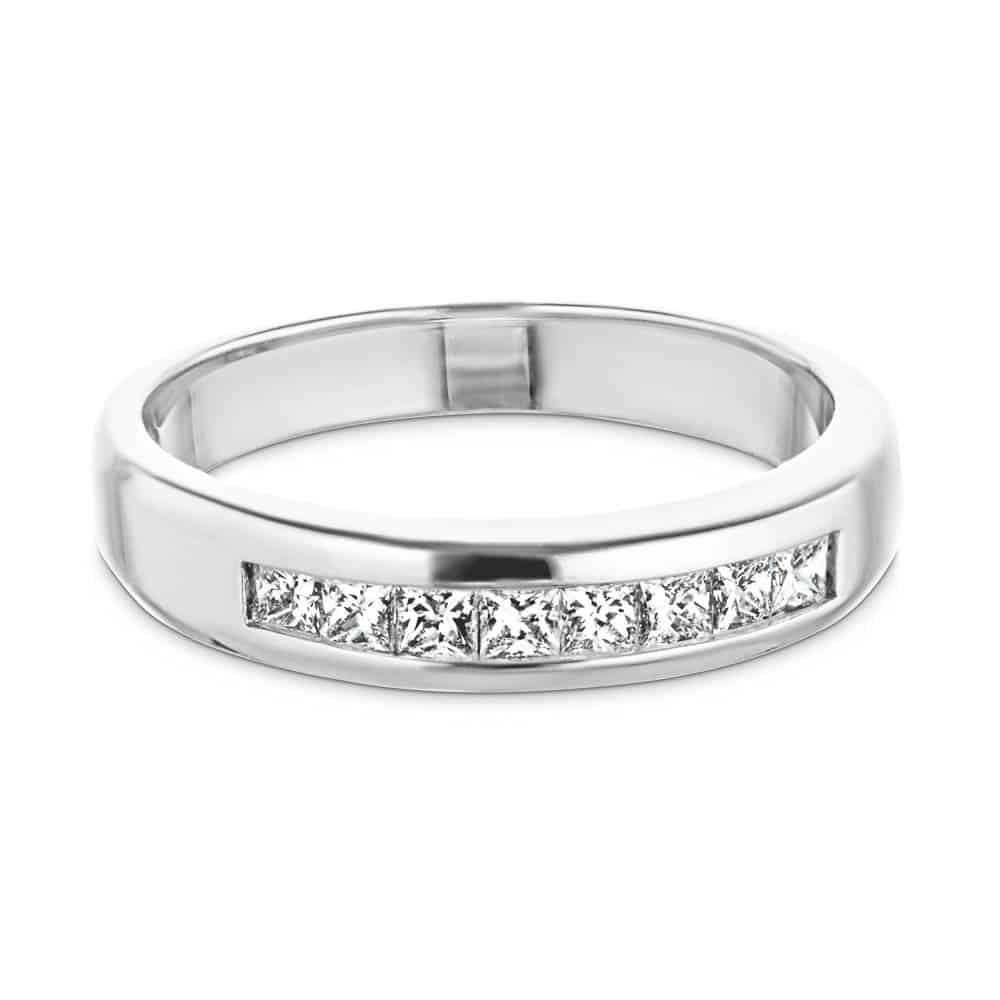 Channel set diamond wedding band made to fit the Melanie Engagement Ring in recycled 14K white gold