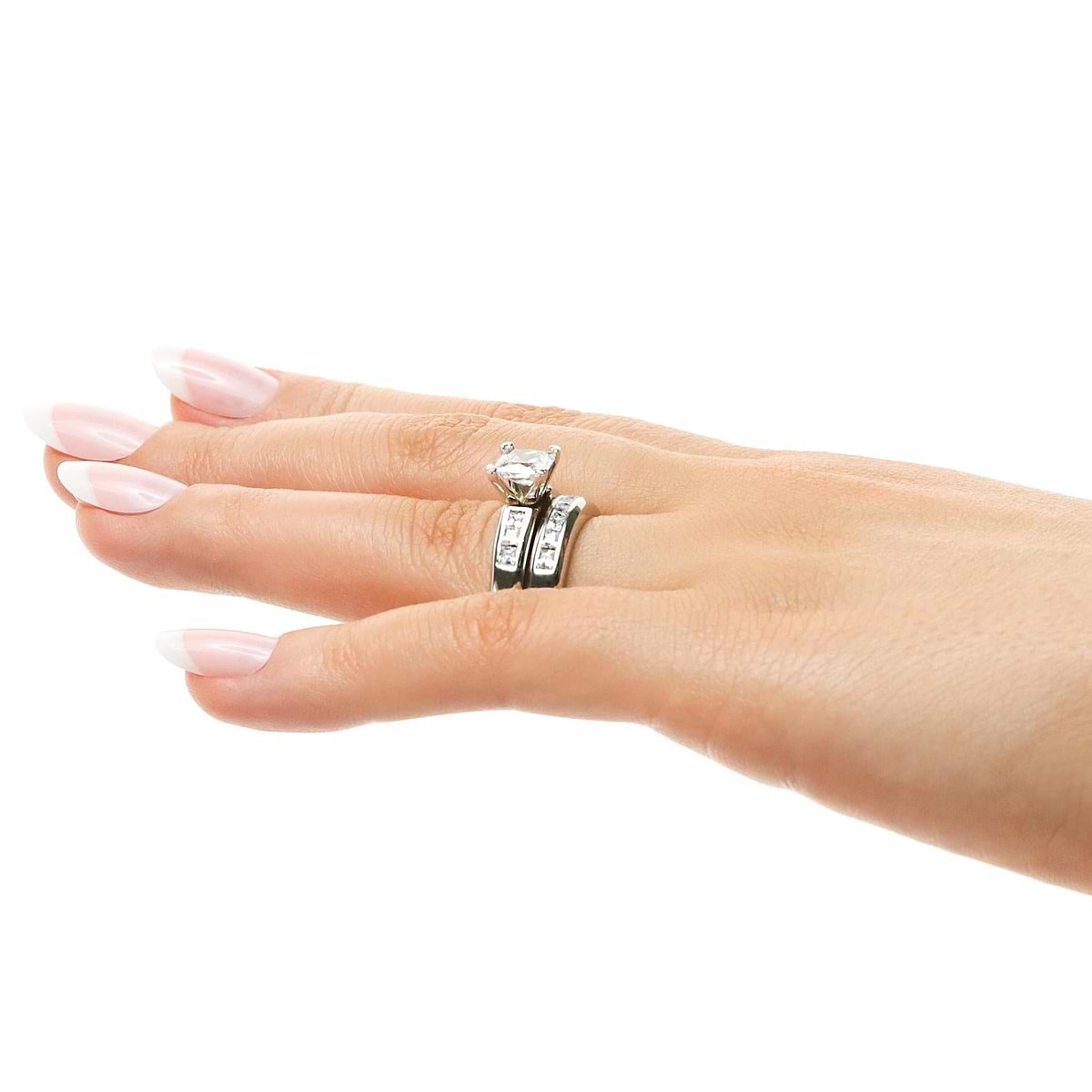 Melanie Wedding Set featuring a princess cut 1.50ct Diamond Hybrid® engagement ring in recycled 14K white gold with .30ctw side stones and a matching wedding band with .40ctw channel set stones | Melanie Wedding Set 1.50ct Diamond Hybrid engagement ring wedding band