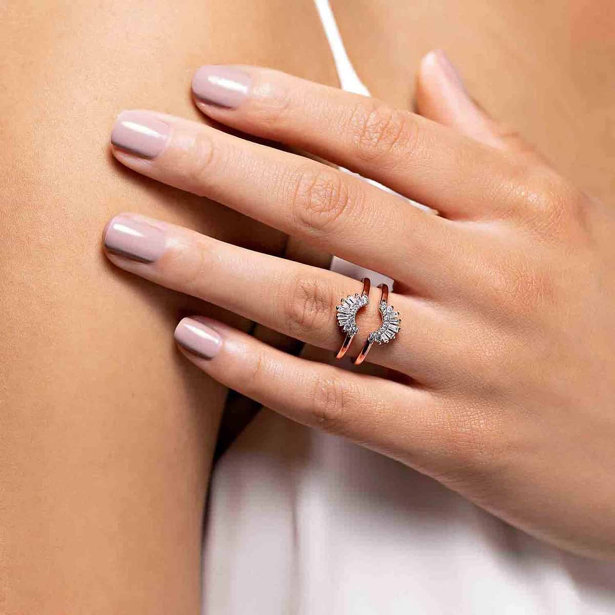 Shown in 14K Rose Gold|beautiful double halo ring guard with 0.50ct set in 14k rose gold