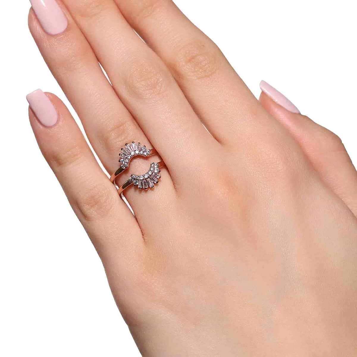 Shown in 14K Rose Gold|beautiful double halo ring guard with 0.50ct set in 14k rose gold