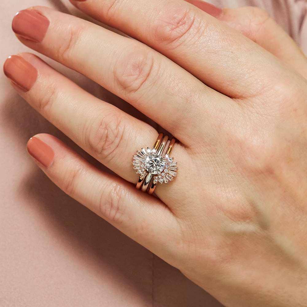 Shown in 14K Rose Gold|beautiful double halo ring guard with 0.50ct set in 14k rose gold