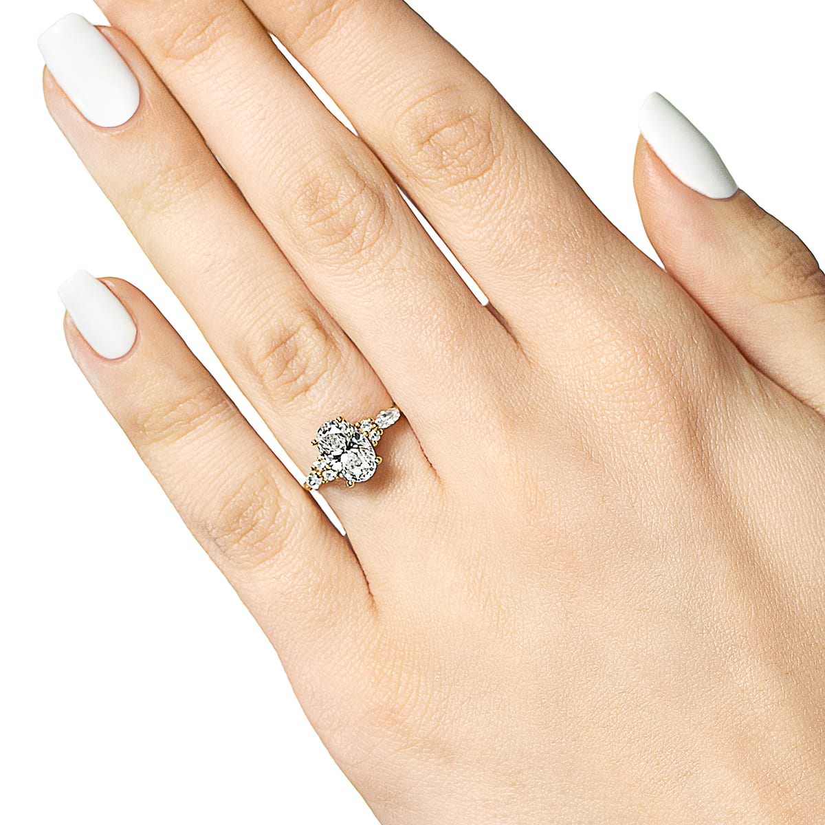 Shown with 1ct Oval Cut Lab Grown Diamond in 14K Yellow Gold|Diamond accented engagement ring with a 1ct oval cut lab grown diamond set in 14k yellow gold