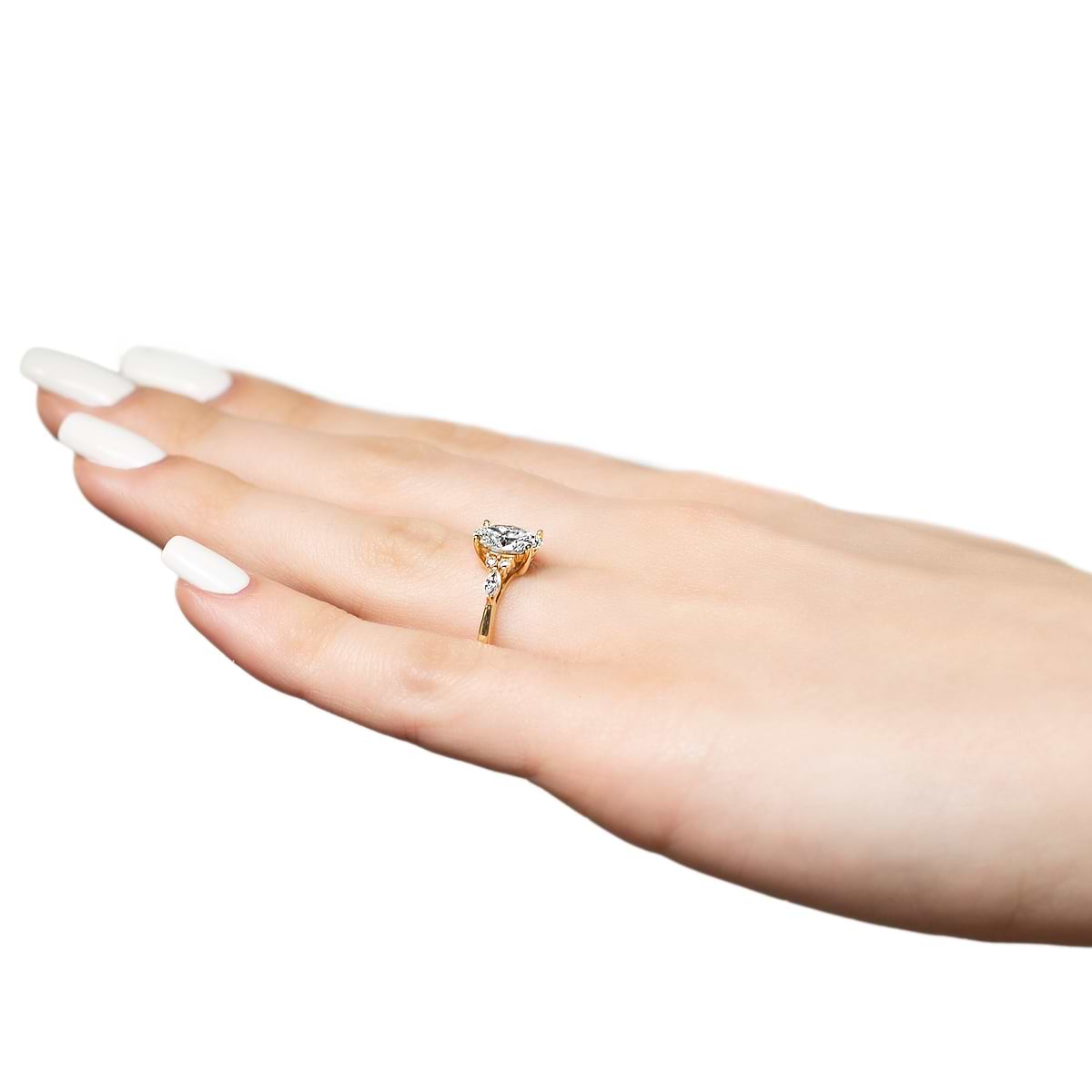 Shown with 1ct Oval Cut Lab Grown Diamond in 14K Yellow Gold|Diamond accented engagement ring with a 1ct oval cut lab grown diamond set in 14k yellow gold