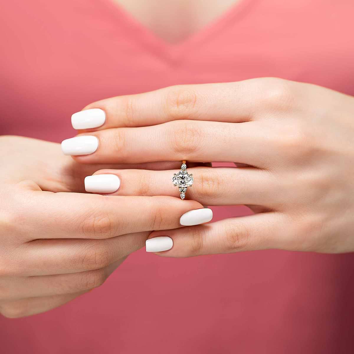 Shown with 1ct Oval Cut Lab Grown Diamond in 14K Yellow Gold|Diamond accented engagement ring with a 1ct oval cut lab grown diamond set in 14k yellow gold