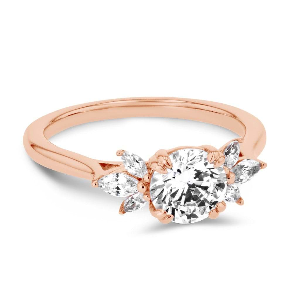 Shown here with a 1.0ct Round Cut Lab Grown Diamond center stone in 14K Rose Gold