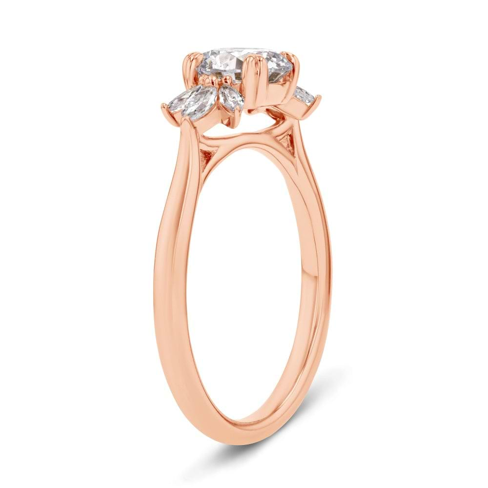 Shown here with a 1.0ct Round Cut Lab Grown Diamond center stone in 14K Rose Gold