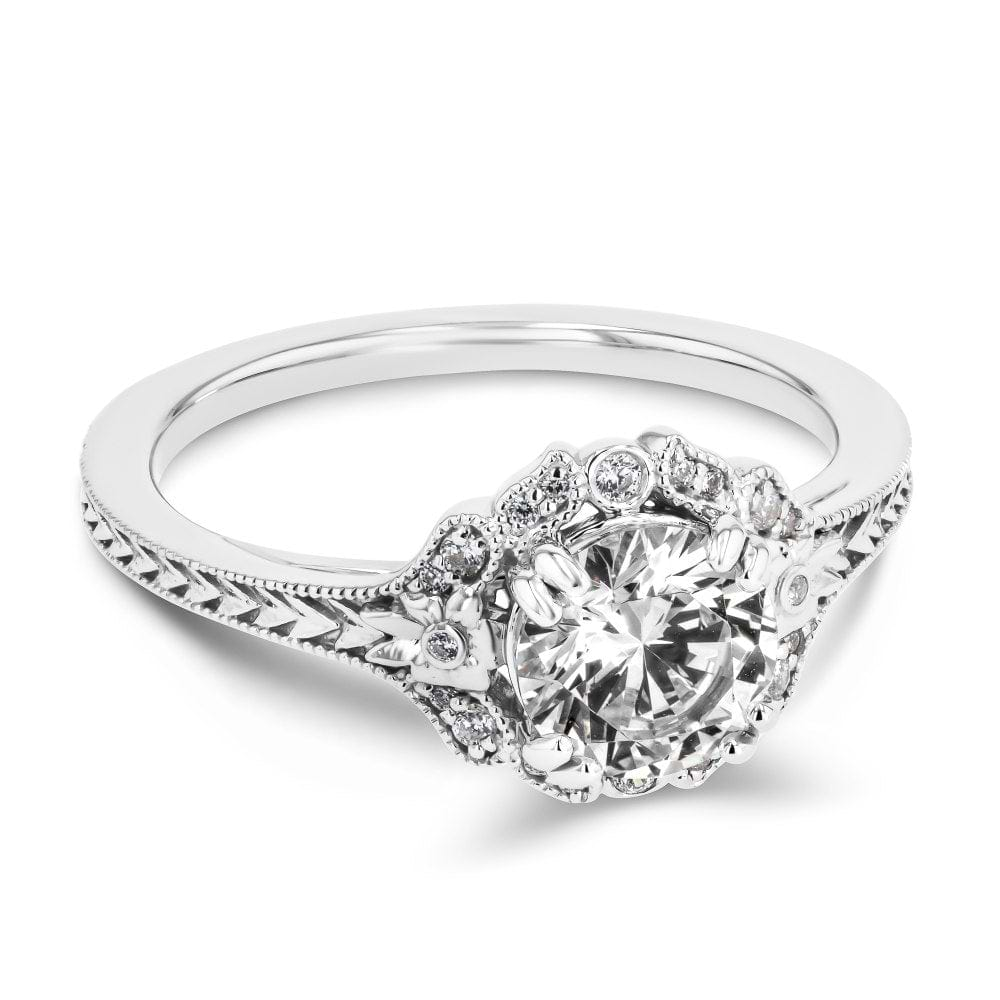 Shown here with a 1.0ct Round Cut Lab Grown Diamond center stone in 14K White Gold