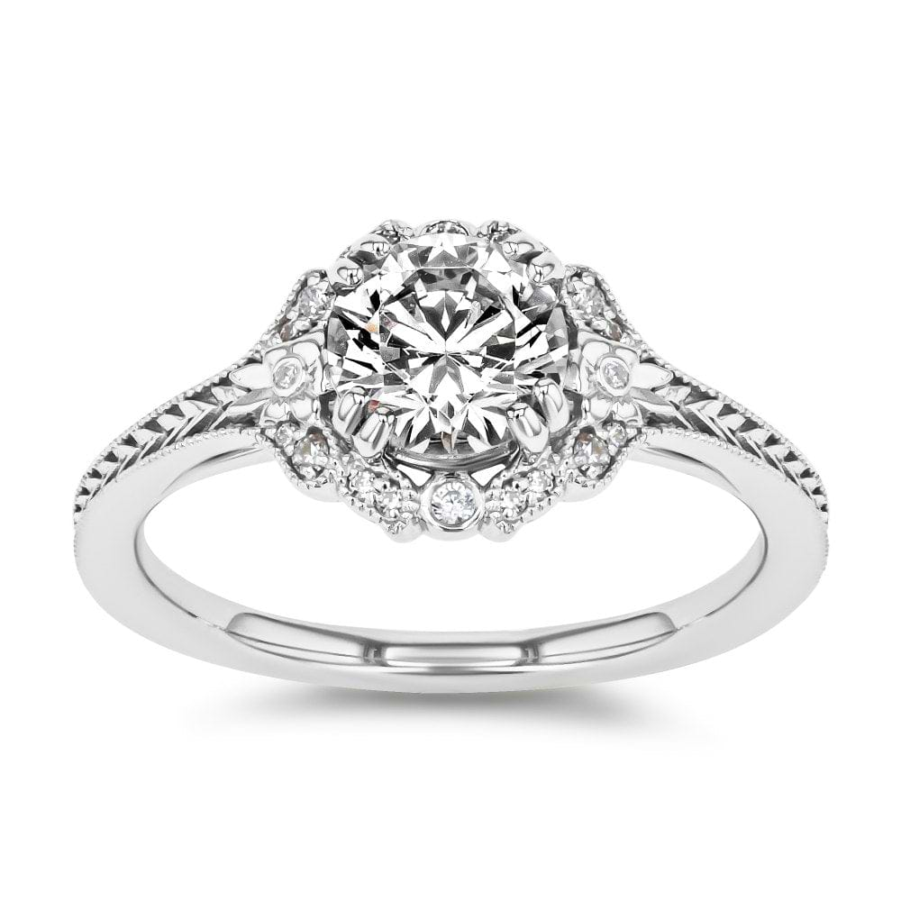 Shown here with a 1.0ct Round Cut Lab Grown Diamond center stone in 14K White Gold