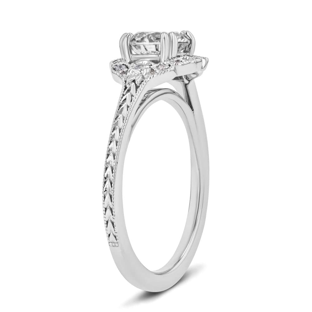 Shown here with a 1.0ct Round Cut Lab Grown Diamond center stone in 14K White Gold