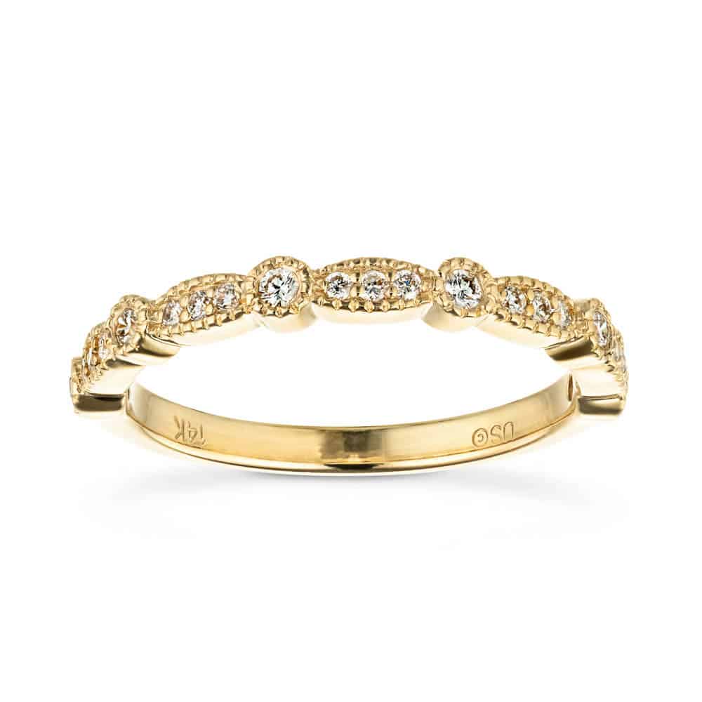 Diamond accented wedding band with filigree detail in recycled 14K yellow gold made to fit the Paris Engagement Ring 