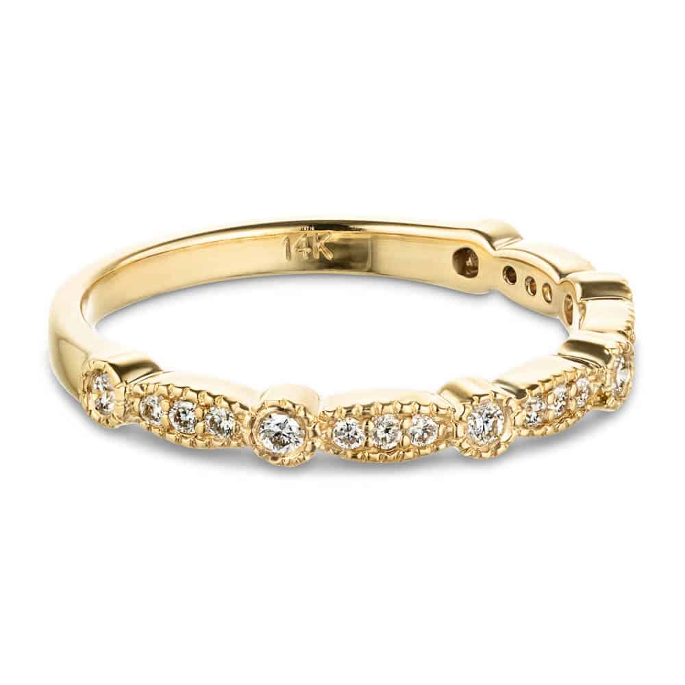 Diamond accented wedding band with filigree detail in recycled 14K yellow gold made to fit the Paris Engagement Ring 