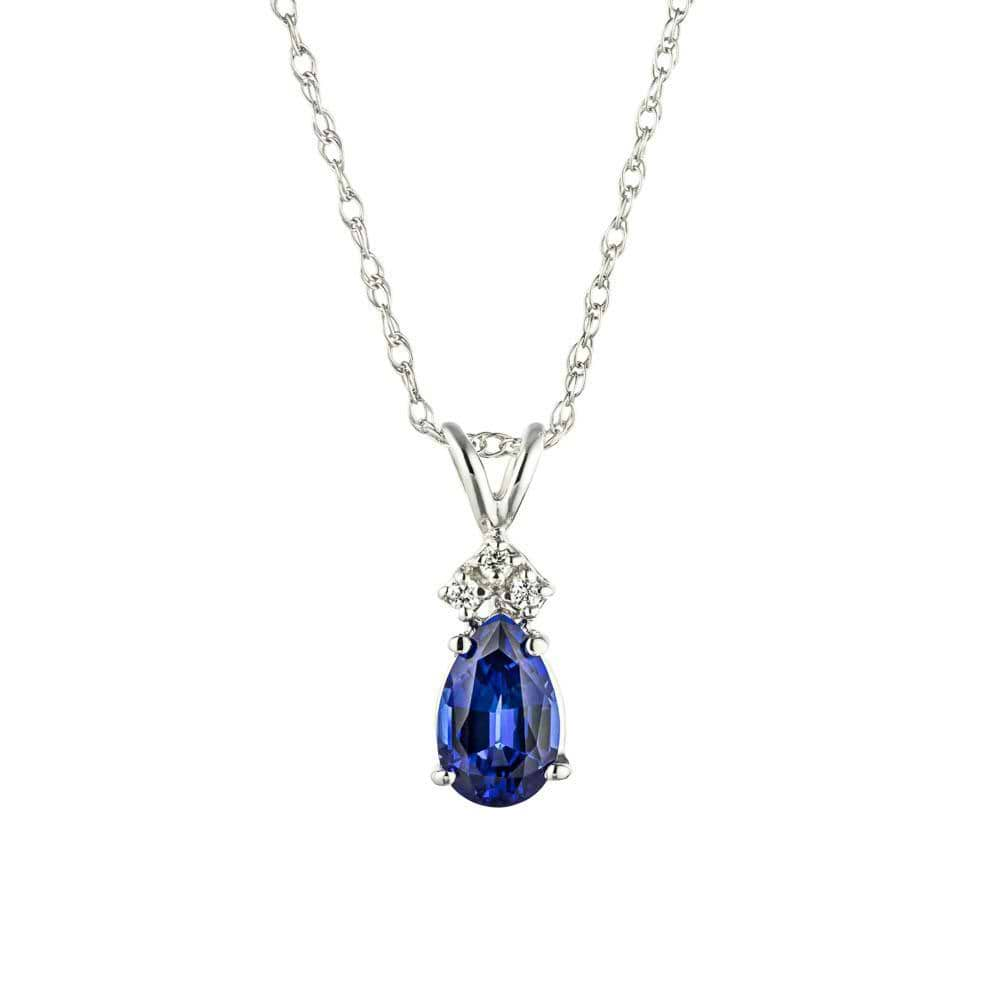 Shown with a 1ct Pear Cut Lab Grown Blue Sapphire in 14k White Gold|Diamond accented tear drop pendant with 1ct pear cut lab created blue sapphire in 14k white gold