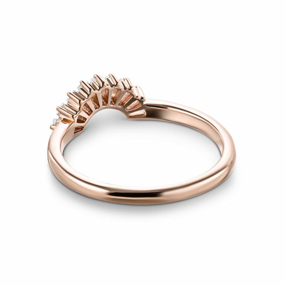 Shown in 14k Rose Gold|Elegant contour diamond accented wedding band with baguette cut lab grown diamonds in 14k rose gold shown from back