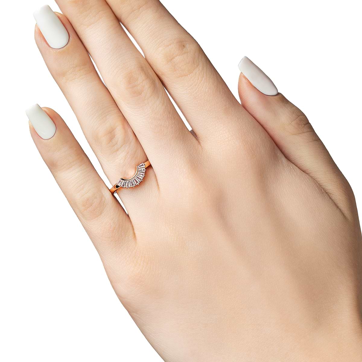 Shown in 14k Rose Gold|Elegant contour diamond accented wedding band with baguette cut lab grown diamonds in 14k rose gold shown from side