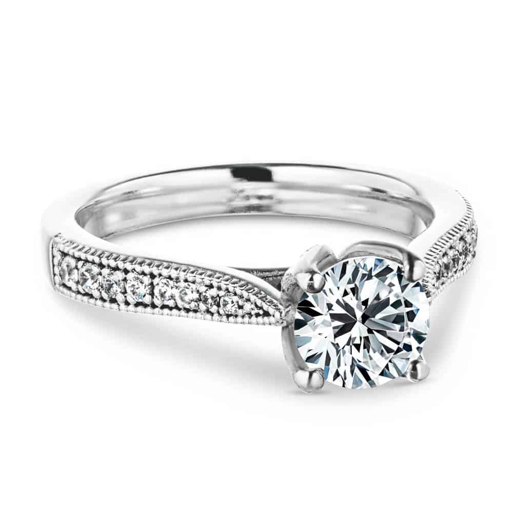 Shown with 1ct Round Cut Lab Grown Diamond in 14k White Gold