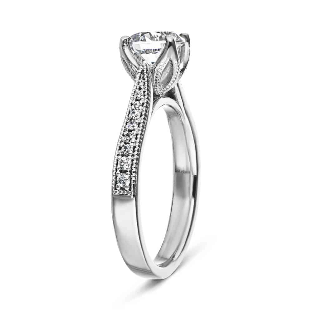 Shown with 1ct Round Cut Lab Grown Diamond in 14k White Gold