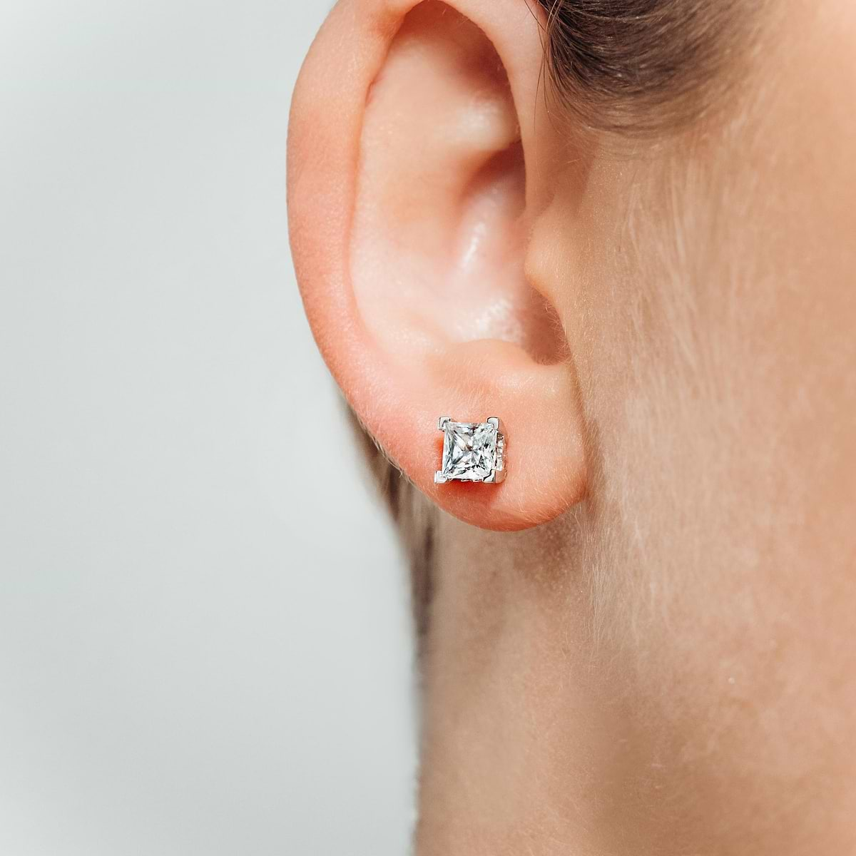 Princess Cut Scroll Stud Earrings in 14K White Gold 