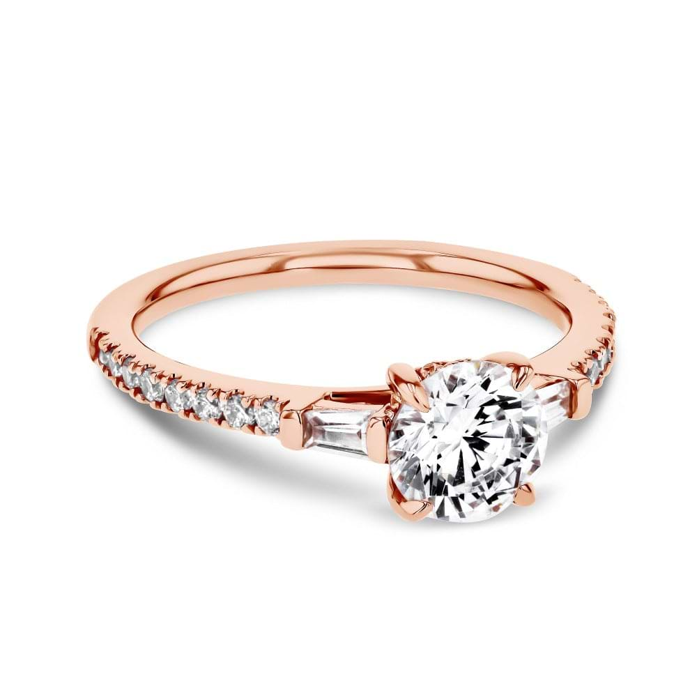 Shown here with a 1.0ct Round Cut Lab Grown Diamond center stone in 14K Rose Gold