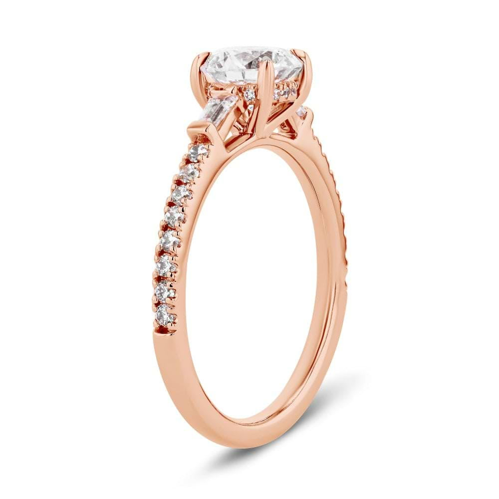 Shown here with a 1.0ct Round Cut Lab Grown Diamond center stone in 14K Rose Gold