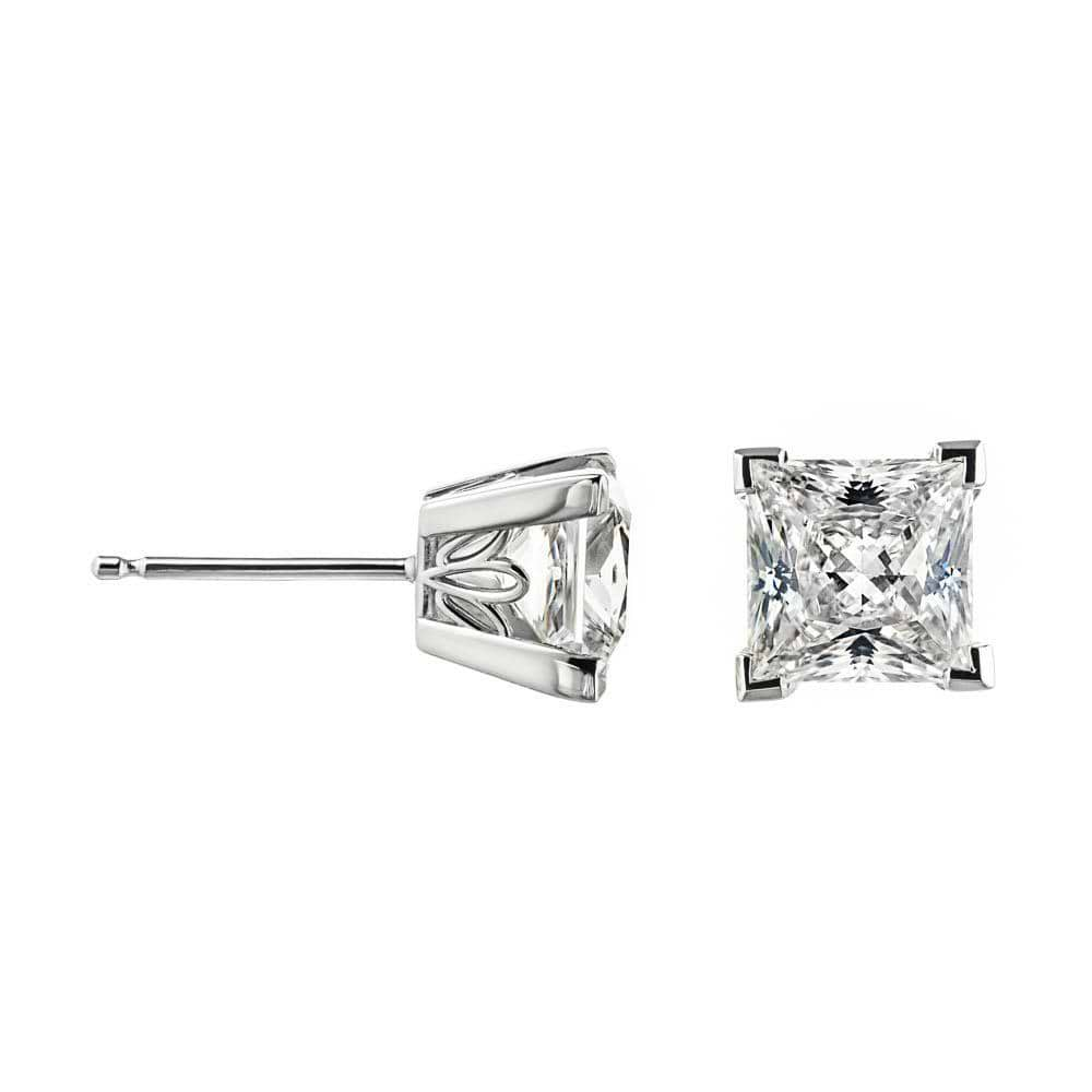 Princess Cut Scroll Stud Earrings in 14K White Gold 