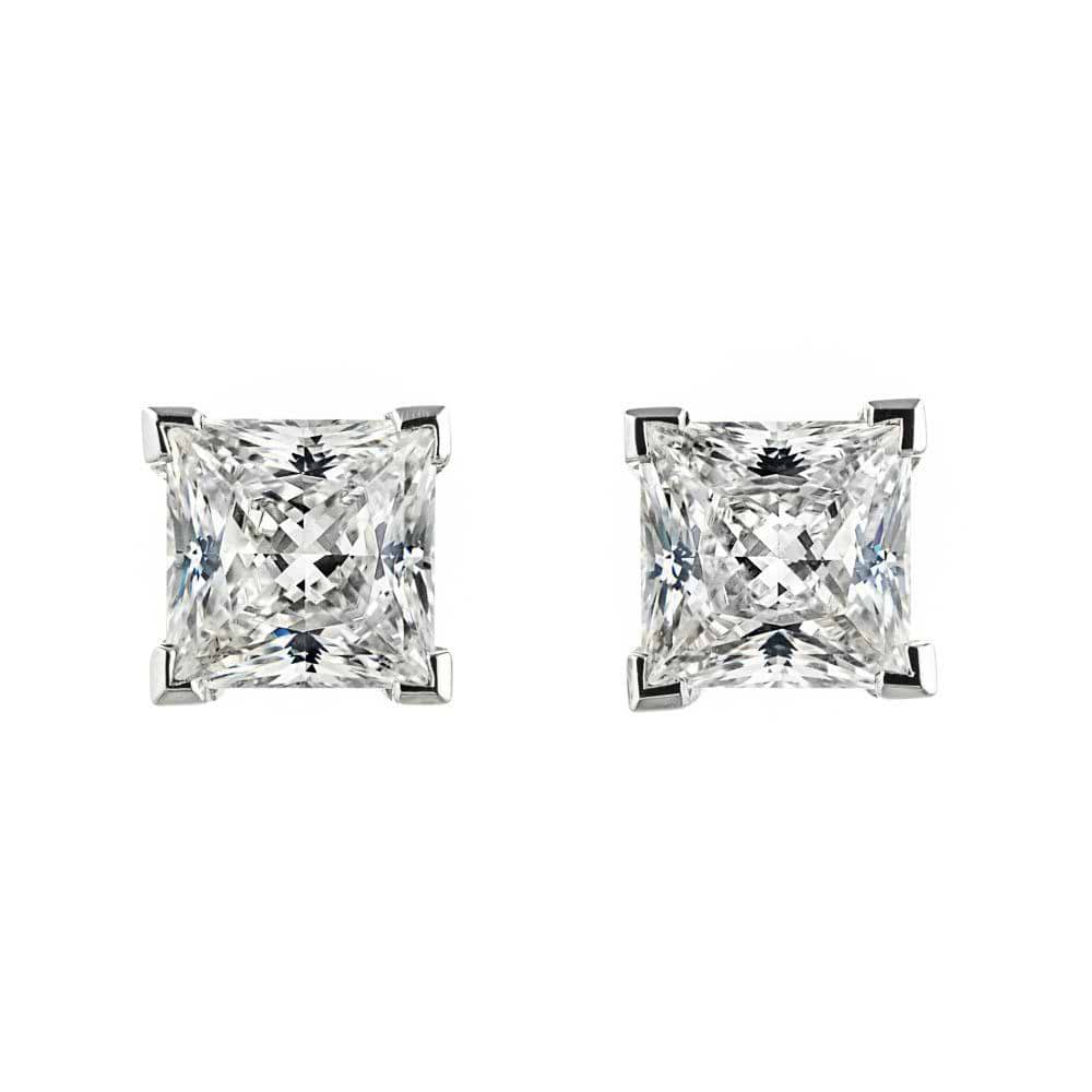 Princess Cut Scroll Stud Earrings in 14K White Gold | princess cut scroll earring studs gold 4 prong